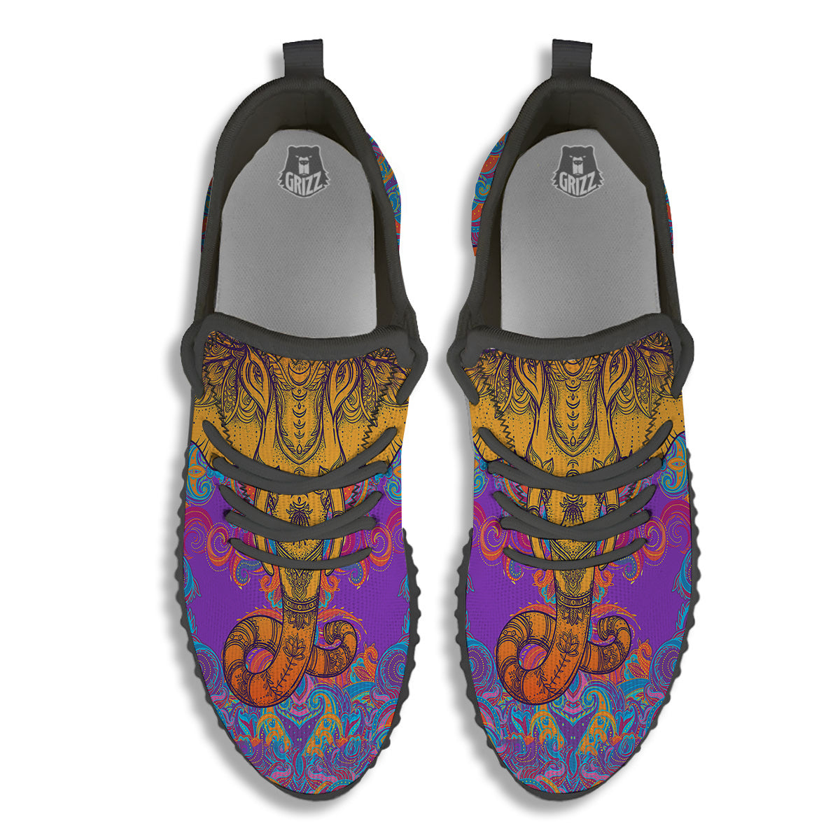 Elephant Spiritual Colorful Print Black Walking Shoes-grizzshop
