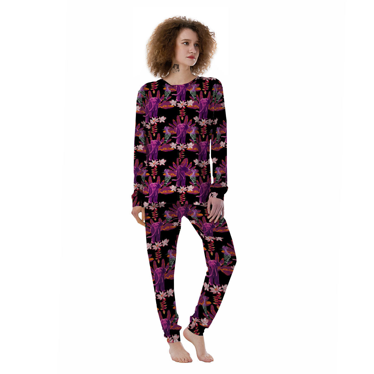 Elephant Tropical Purple Print Pattern Women's Pajamas-grizzshop