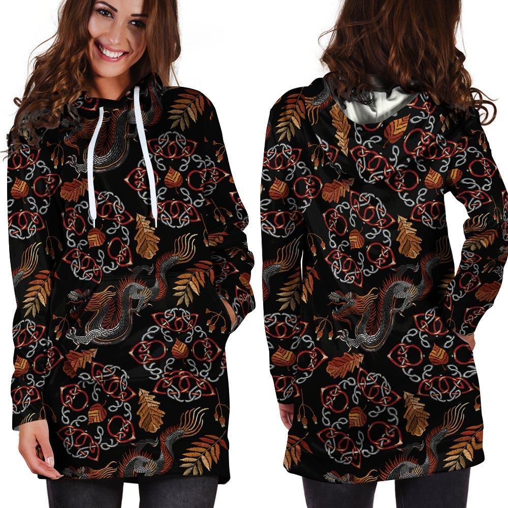 Embroidery Japanese Dragon Print Hoodie Dress-grizzshop