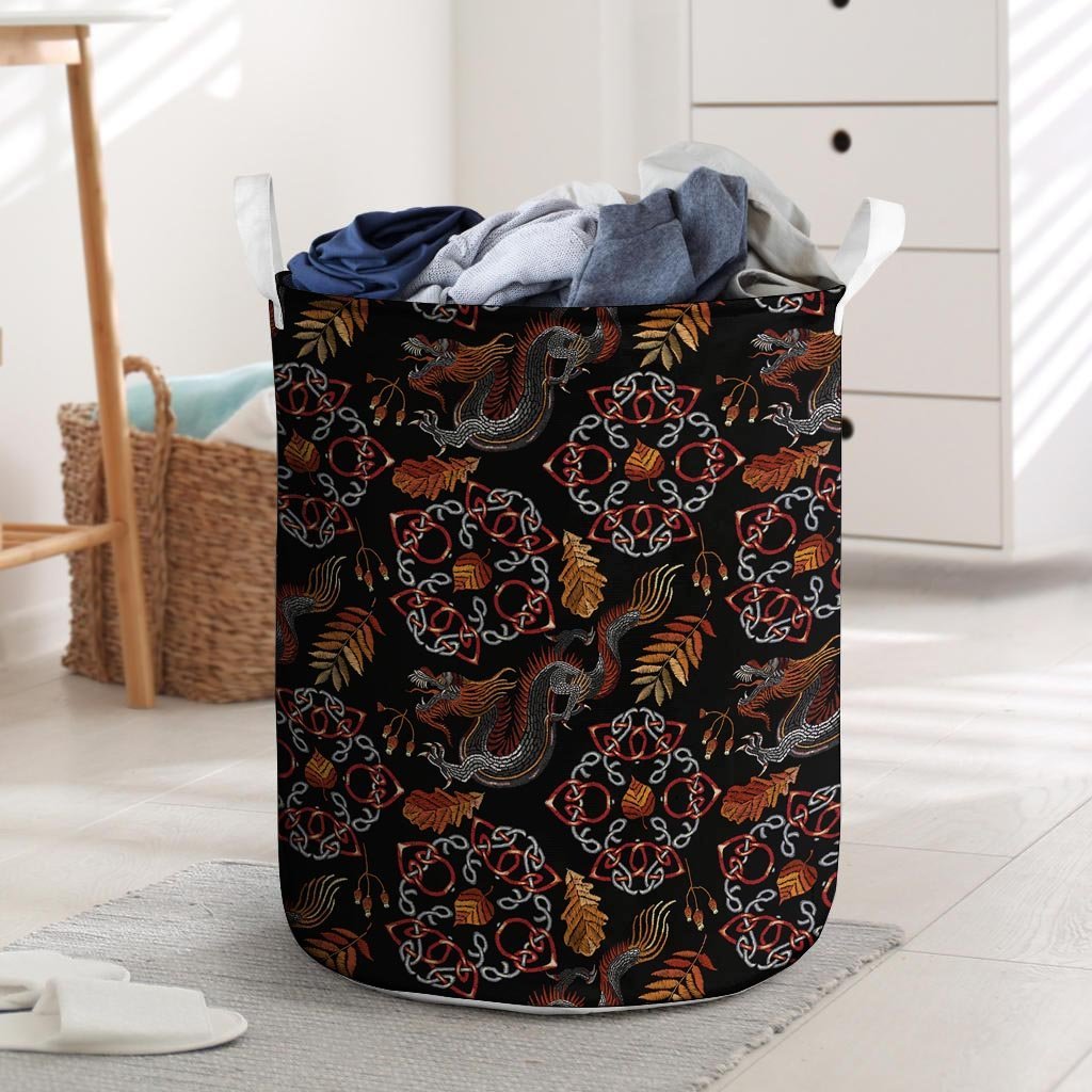 Embroidery Japanese Dragon Print Laundry Basket-grizzshop