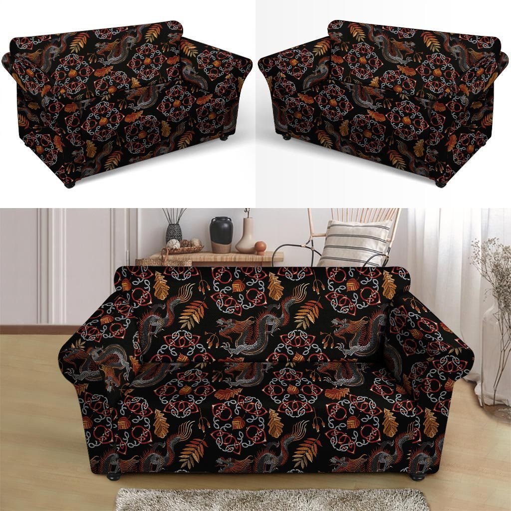 Embroidery Japanese Dragon Print Loveseat Cover-grizzshop