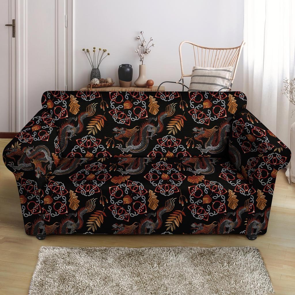 Embroidery Japanese Dragon Print Loveseat Cover-grizzshop