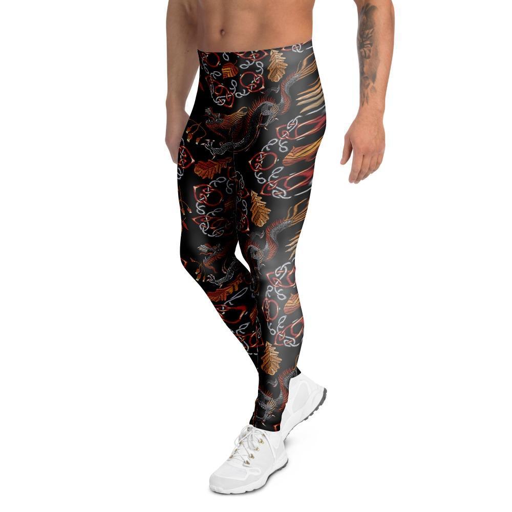 Embroidery Japanese Dragon Print Men's Leggings-grizzshop