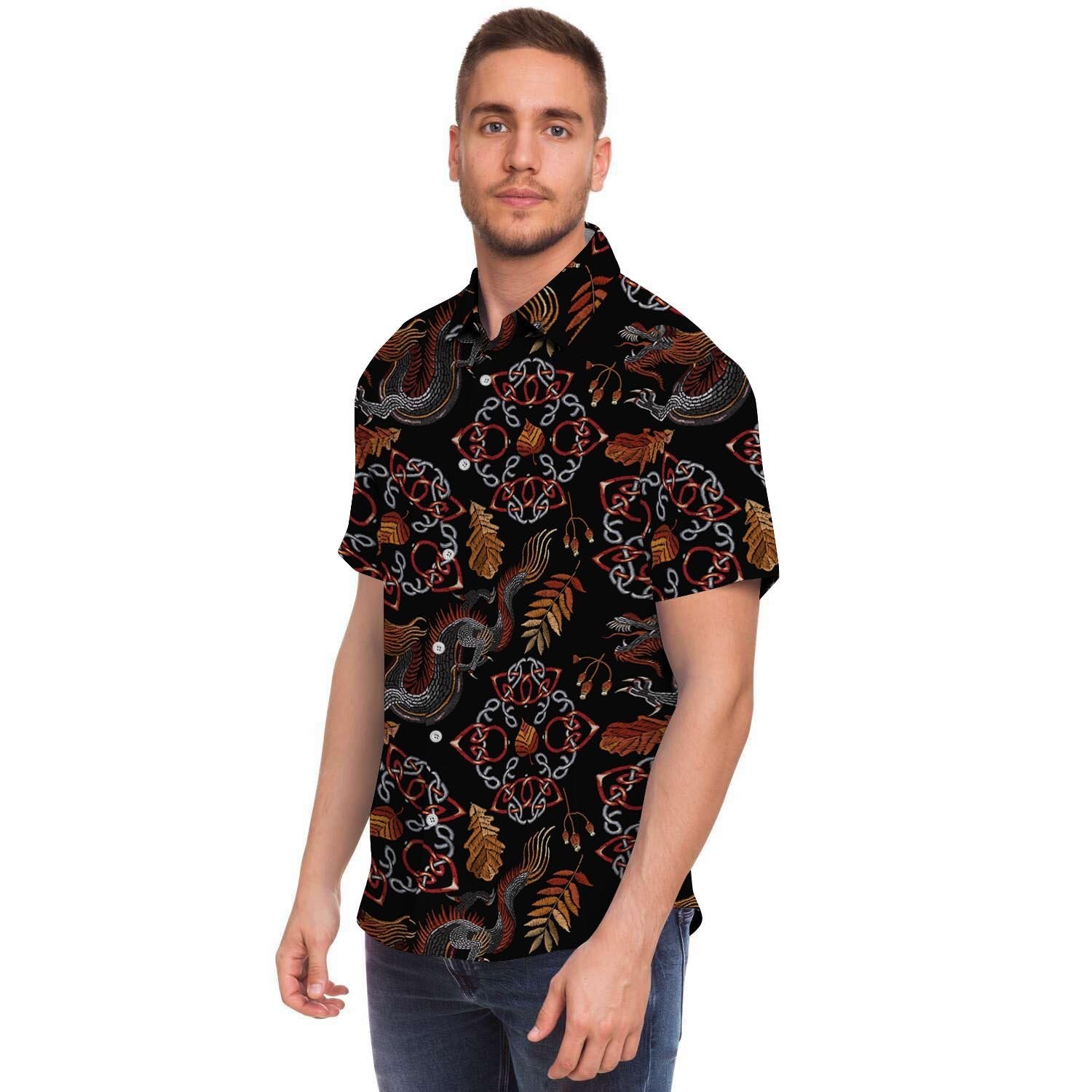 Embroidery Japanese Dragon Print Men's Short Sleeve Shirt-grizzshop