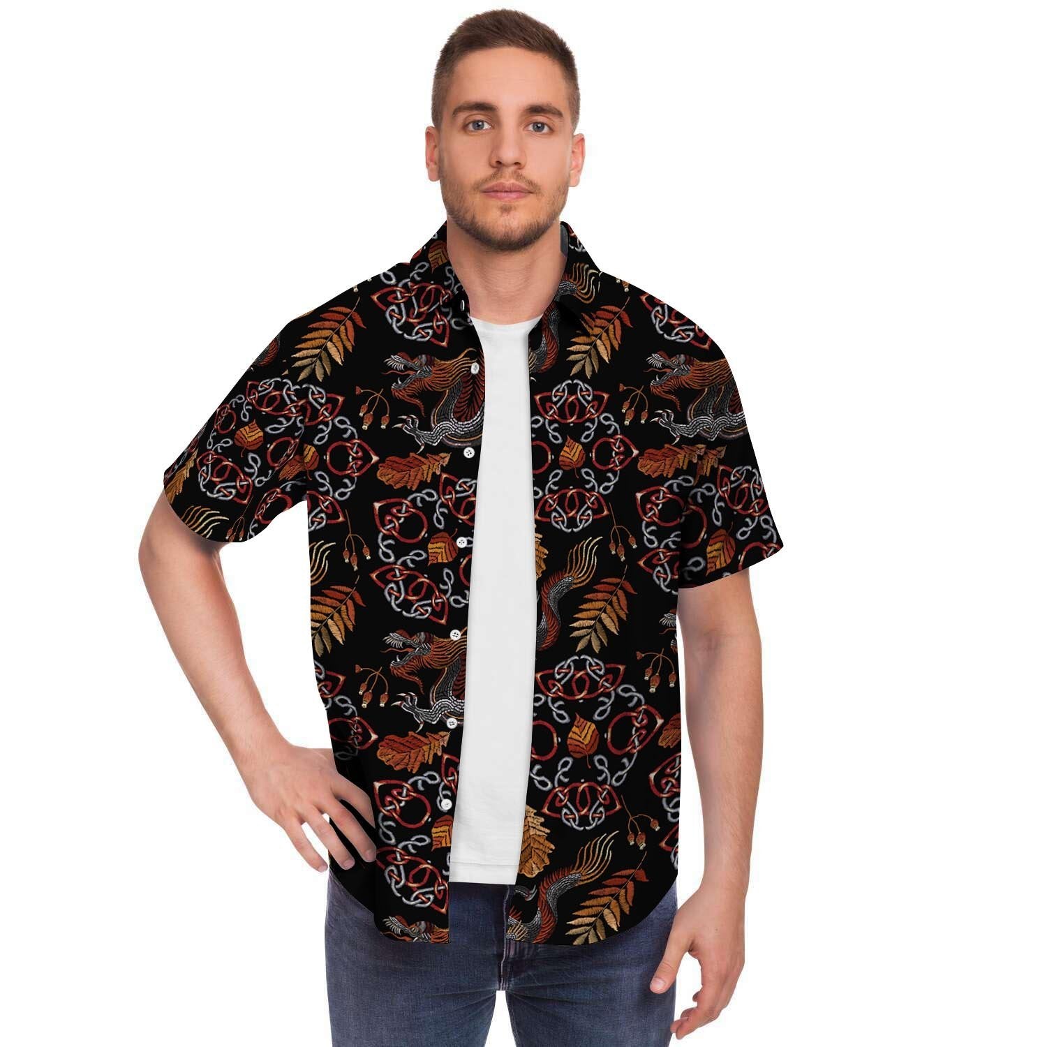 Embroidery Japanese Dragon Print Men's Short Sleeve Shirt-grizzshop