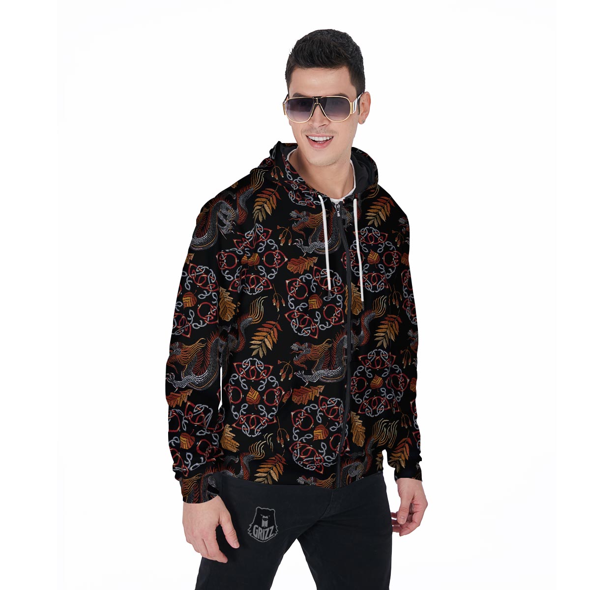 Embroidery Japanese Dragon Print Men's Zip Up Hoodie-grizzshop