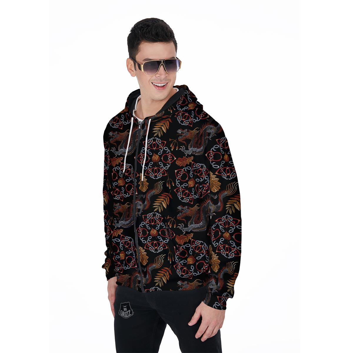 Embroidery Japanese Dragon Print Men's Zip Up Hoodie-grizzshop