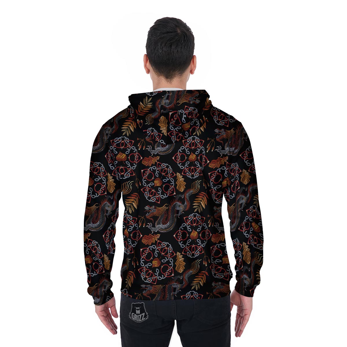 Embroidery Japanese Dragon Print Men's Zip Up Hoodie-grizzshop