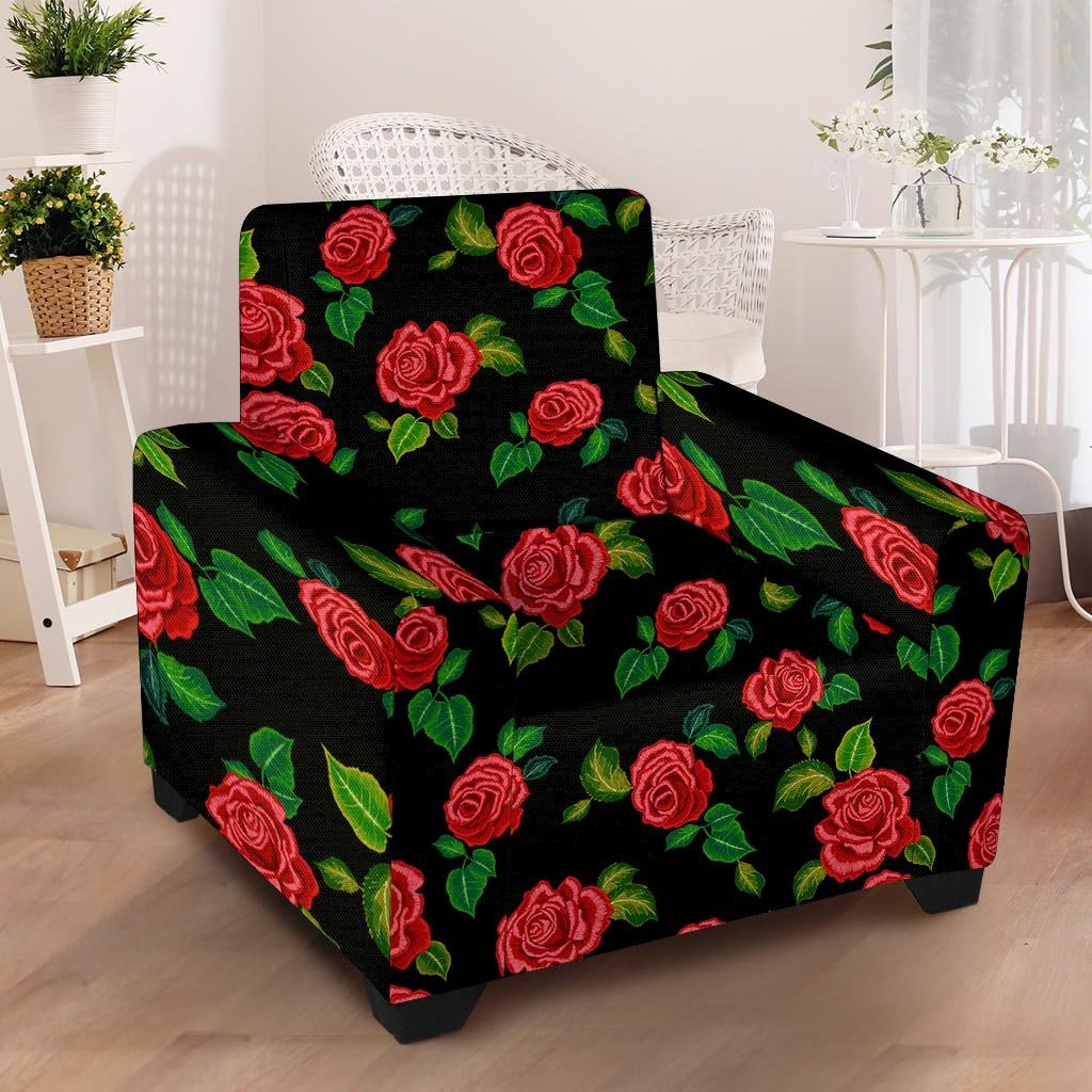 Embroidery Red Rose Floral Print Armchair Cover-grizzshop