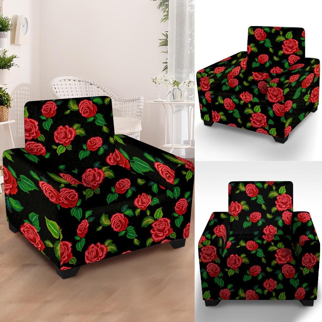 Embroidery Red Rose Floral Print Armchair Cover-grizzshop