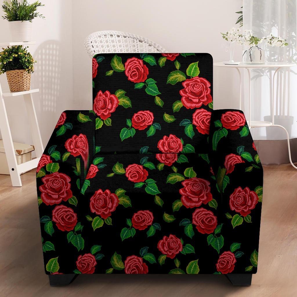 Embroidery Red Rose Floral Print Armchair Cover-grizzshop