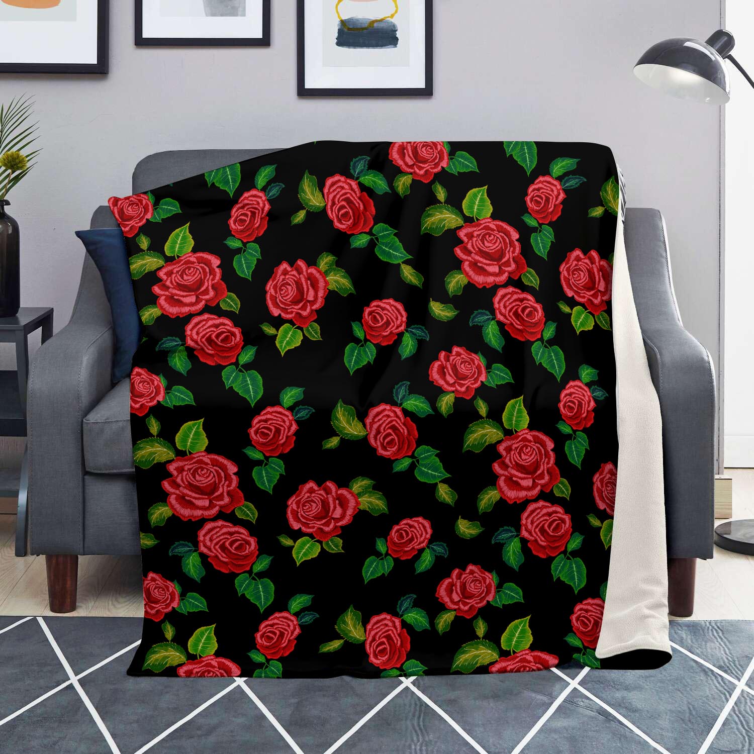 Embroidery Red Rose Floral Print Blanket-grizzshop