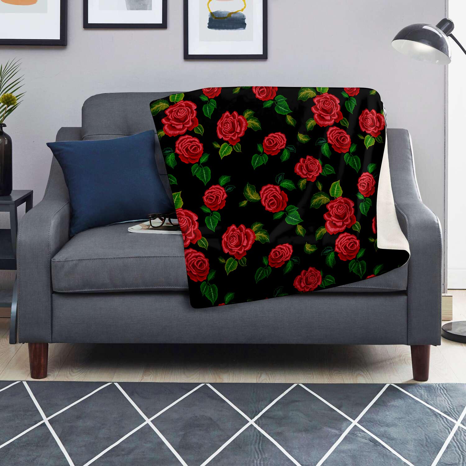 Embroidery Red Rose Floral Print Blanket-grizzshop