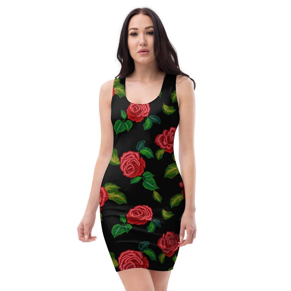 Embroidery Red Rose Floral Print Bodycon Dress-grizzshop