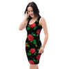 Embroidery Red Rose Floral Print Bodycon Dress-grizzshop