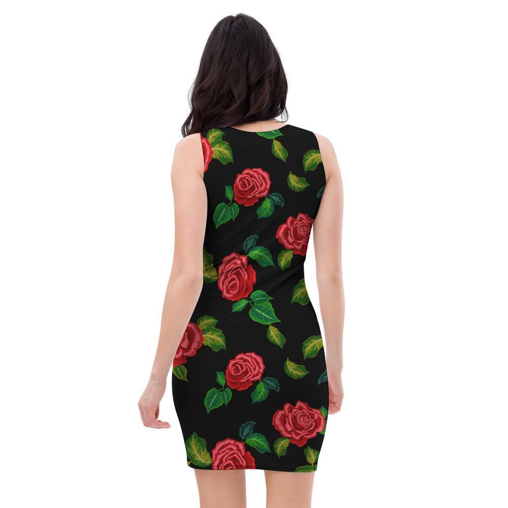 Embroidery Red Rose Floral Print Bodycon Dress-grizzshop