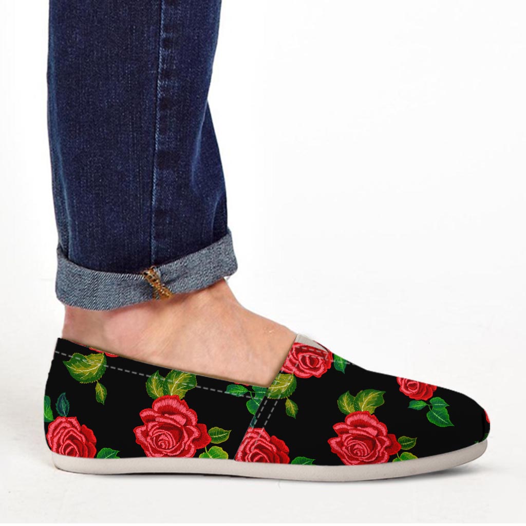 Embroidery Red Rose Floral Print Canvas Shoes-grizzshop