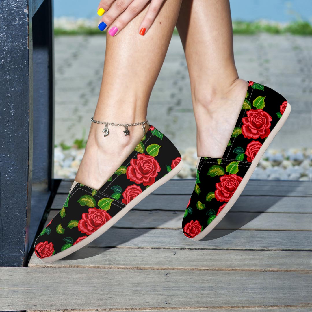 Embroidery Red Rose Floral Print Canvas Shoes-grizzshop