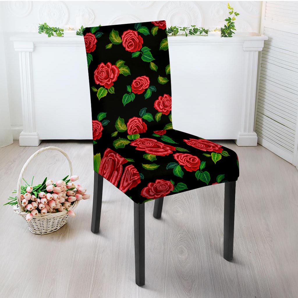 Embroidery Red Rose Floral Print Chair Cover-grizzshop