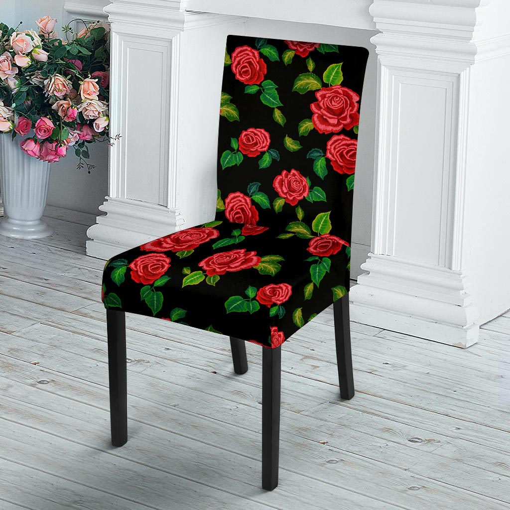 Embroidery Red Rose Floral Print Chair Cover-grizzshop