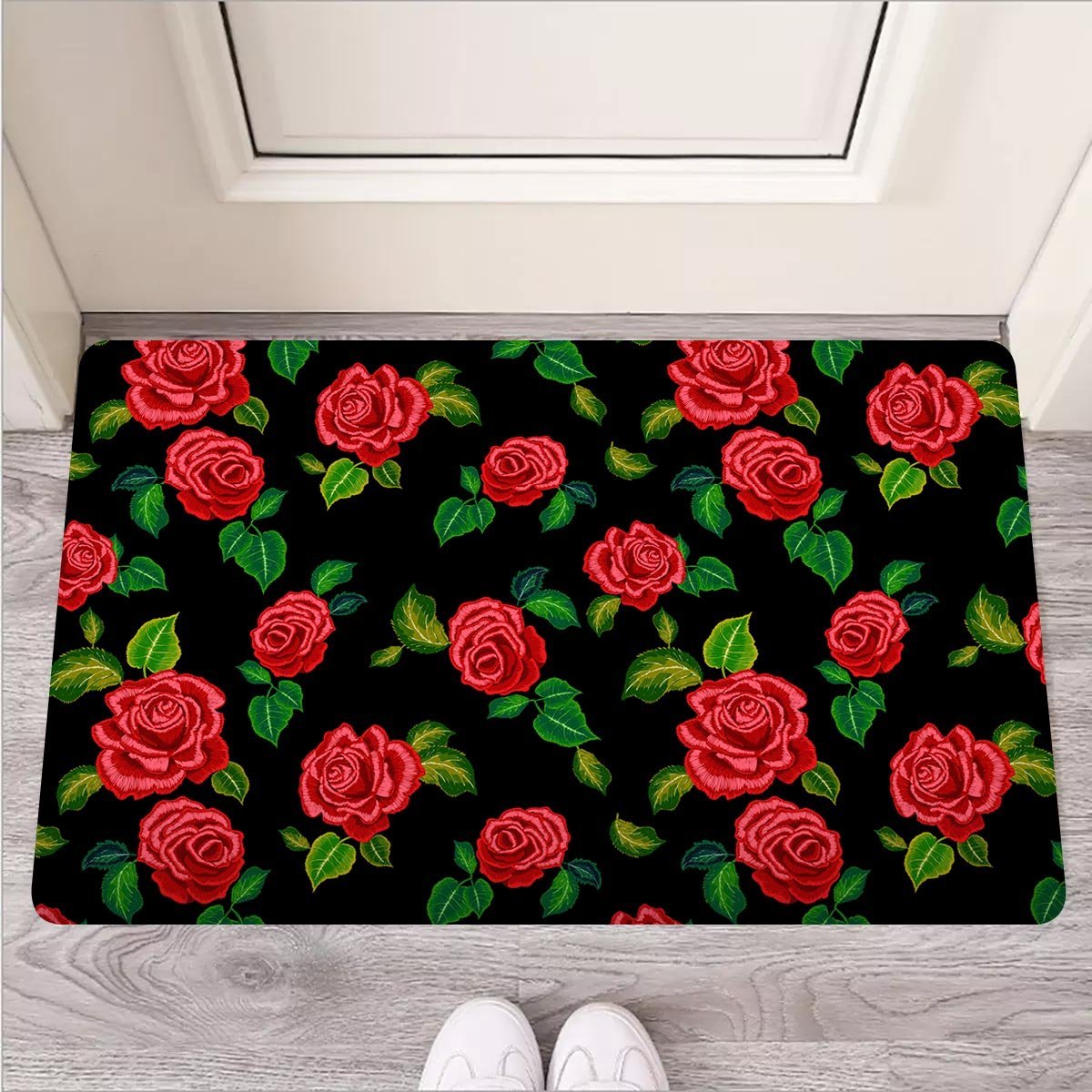 Embroidery Red Rose Floral Print Door Mat-grizzshop