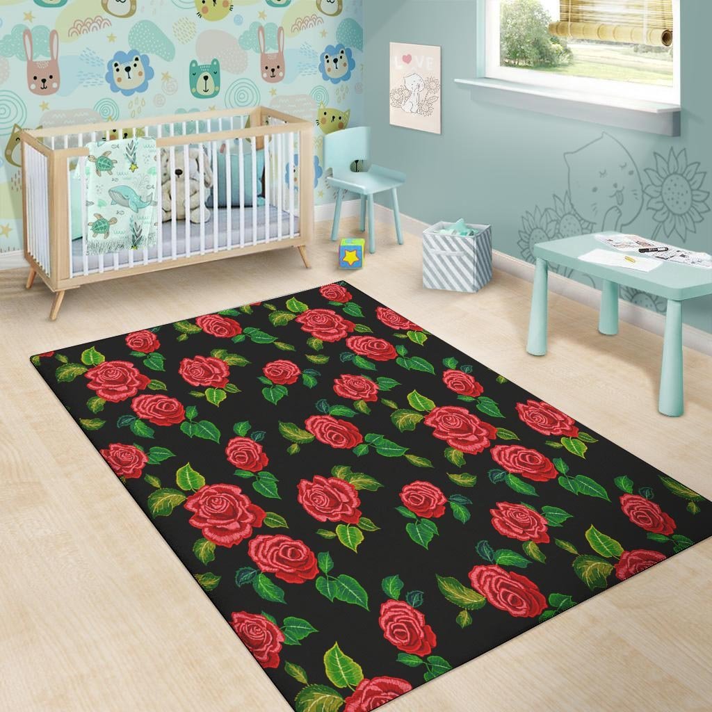 Embroidery Red Rose Floral Print Floor Mat-grizzshop