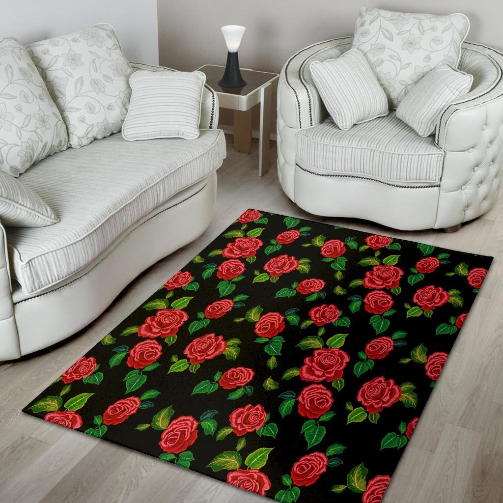Embroidery Red Rose Floral Print Floor Mat-grizzshop