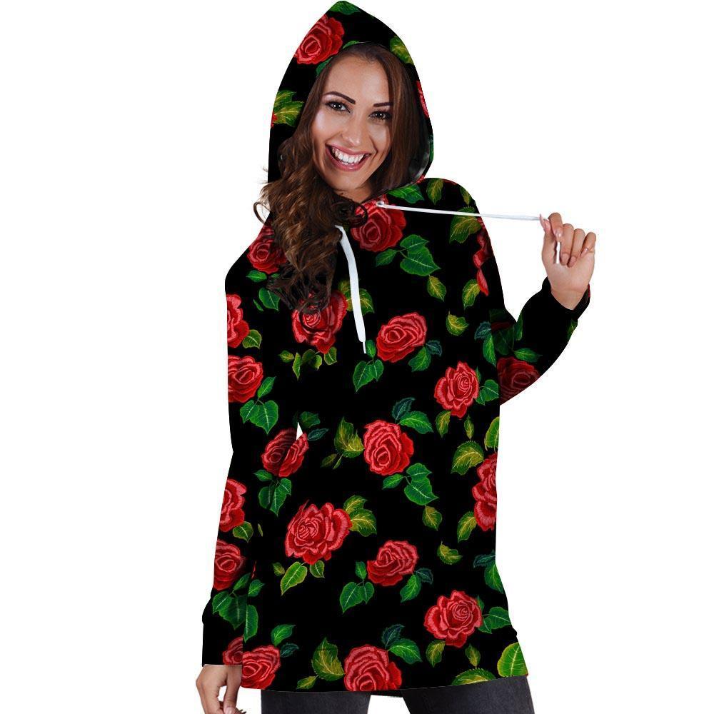 Embroidery Red Rose Floral Print Hoodie Dress-grizzshop