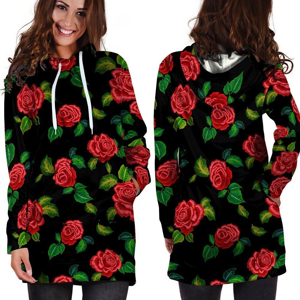 Embroidery Red Rose Floral Print Hoodie Dress-grizzshop