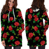 Embroidery Red Rose Floral Print Hoodie Dress-grizzshop