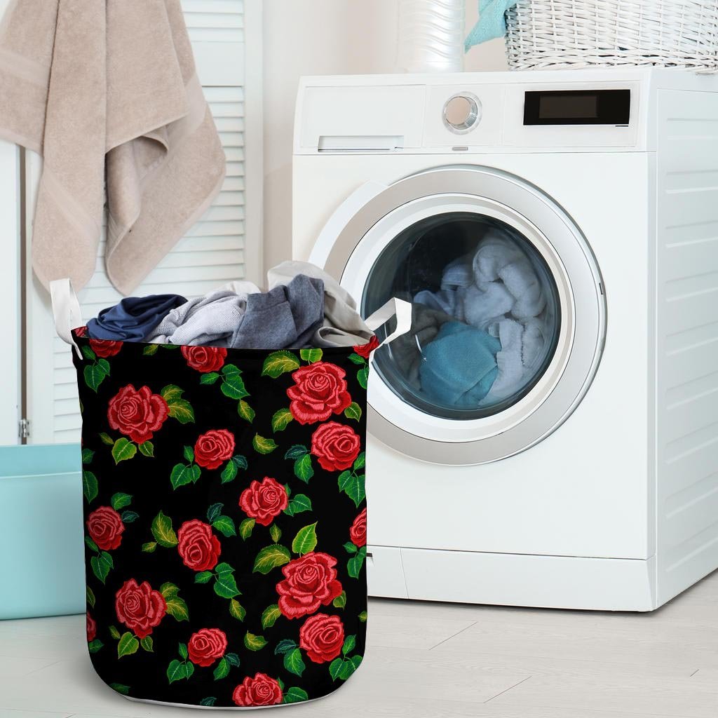 Embroidery Red Rose Floral Print Laundry Basket-grizzshop