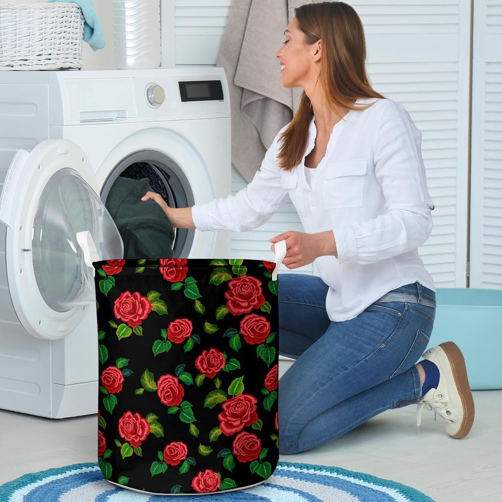 Embroidery Red Rose Floral Print Laundry Basket-grizzshop