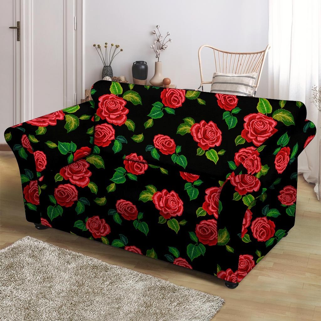 Embroidery Red Rose Floral Print Loveseat Cover-grizzshop