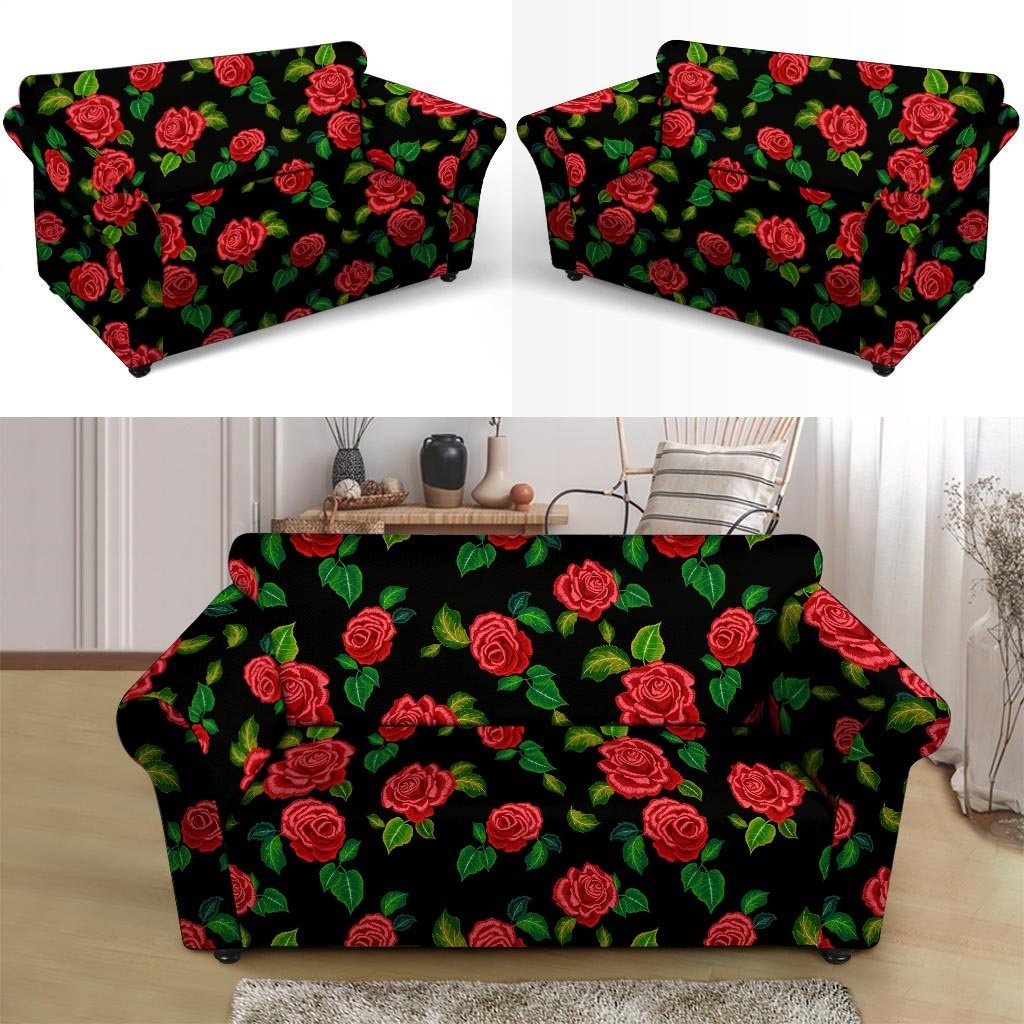 Embroidery Red Rose Floral Print Loveseat Cover-grizzshop