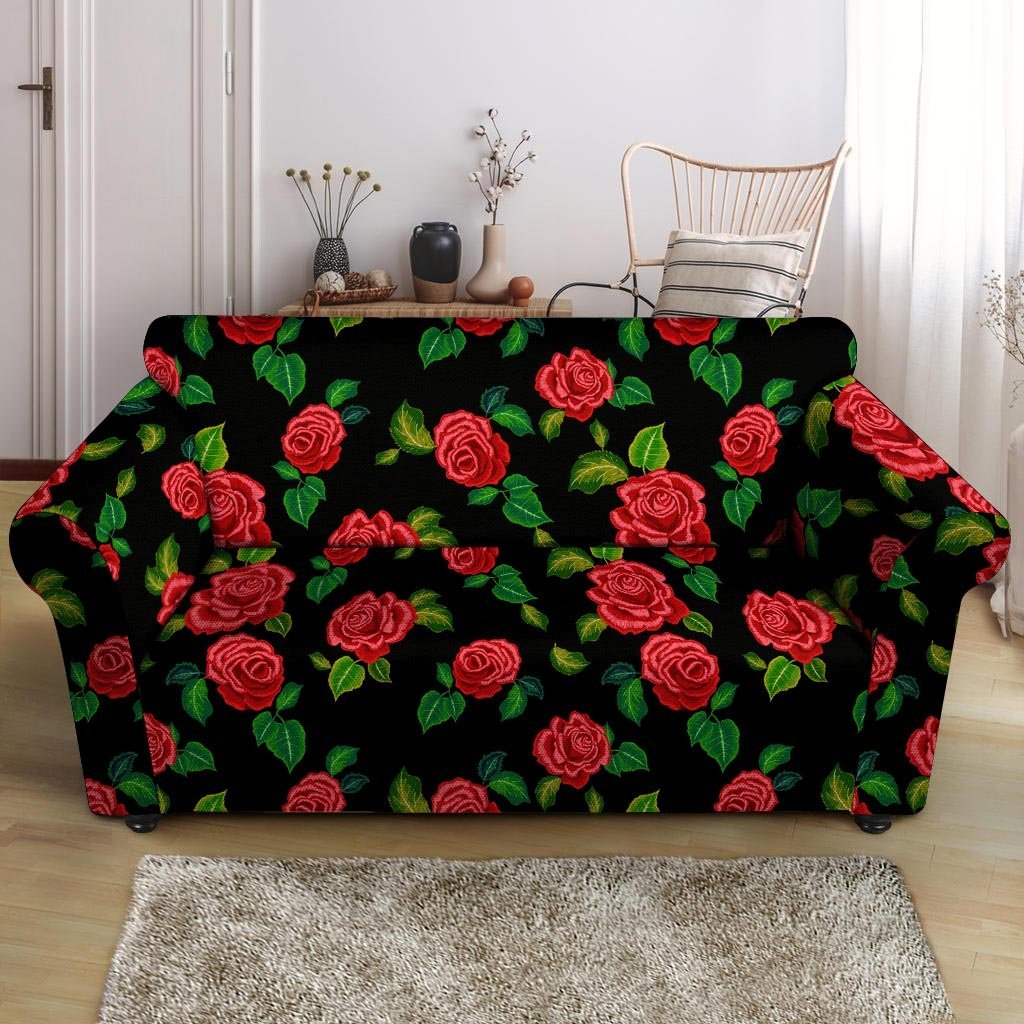 Embroidery Red Rose Floral Print Loveseat Cover-grizzshop