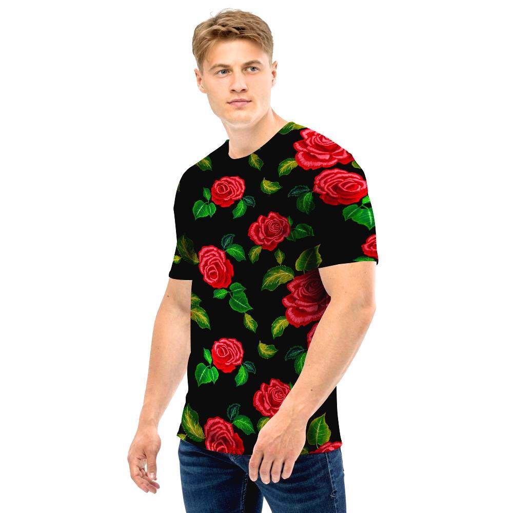 Embroidery Red Rose Floral Print Men T Shirt-grizzshop