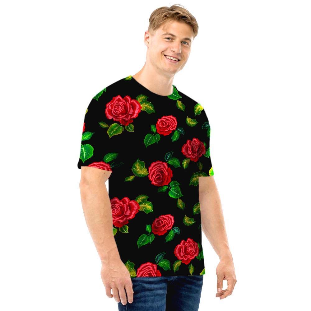 Embroidery Red Rose Floral Print Men T Shirt-grizzshop