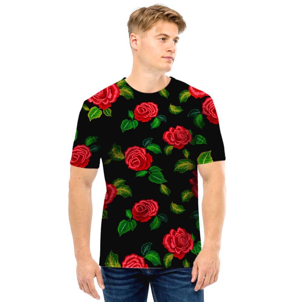 Embroidery Red Rose Floral Print Men T Shirt-grizzshop