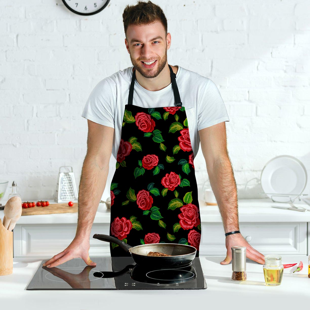 Embroidery Red Rose Floral Print Men's Apron-grizzshop