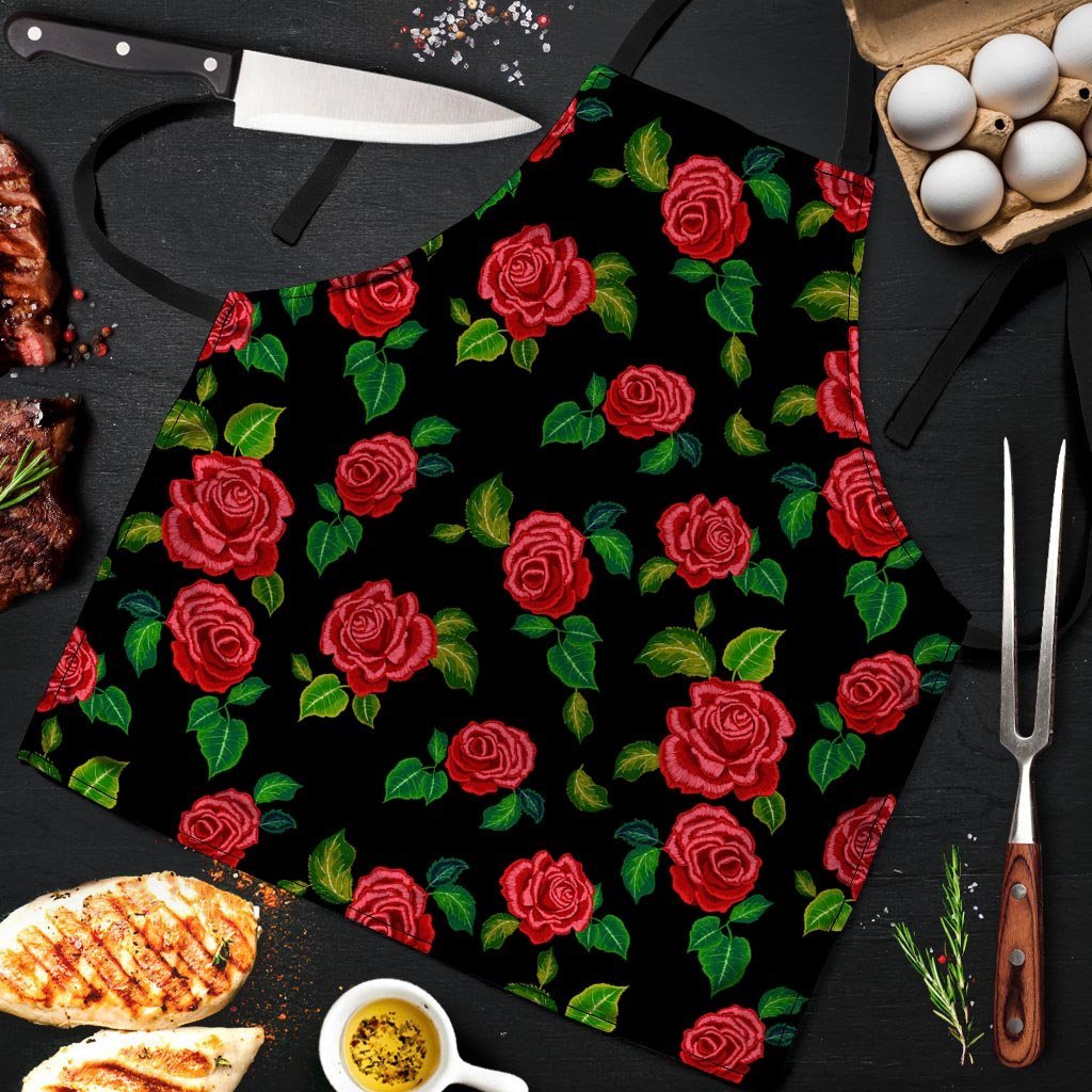 Embroidery Red Rose Floral Print Men's Apron-grizzshop