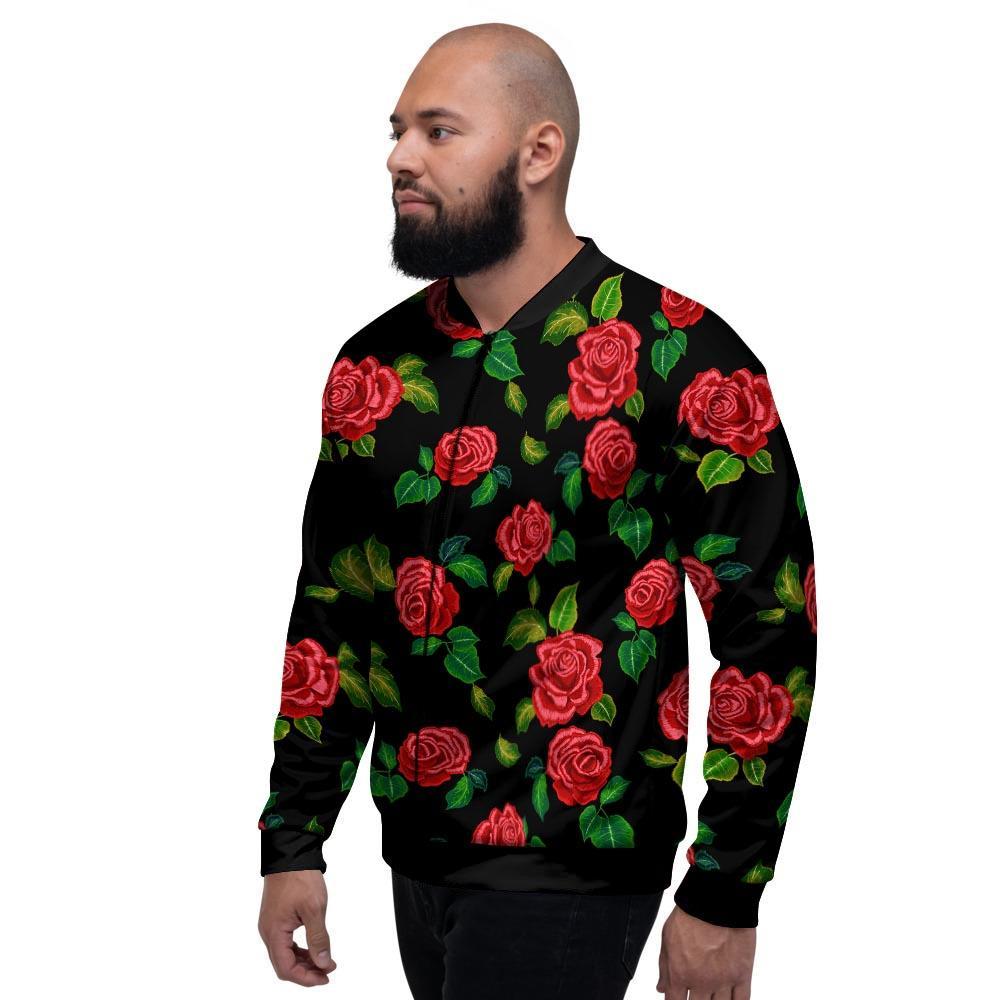 Embroidery Red Rose Floral Print Men's Bomber Jacket-grizzshop