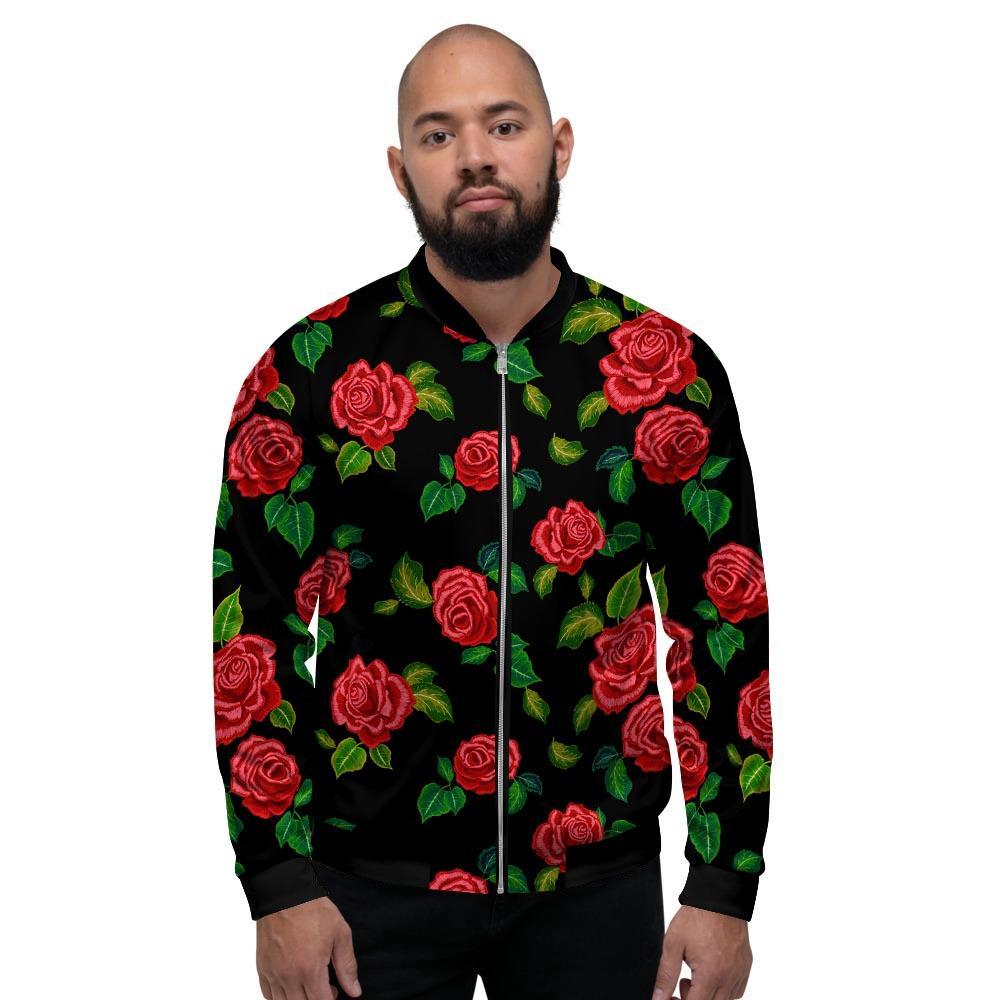 Embroidery Red Rose Floral Print Men's Bomber Jacket-grizzshop