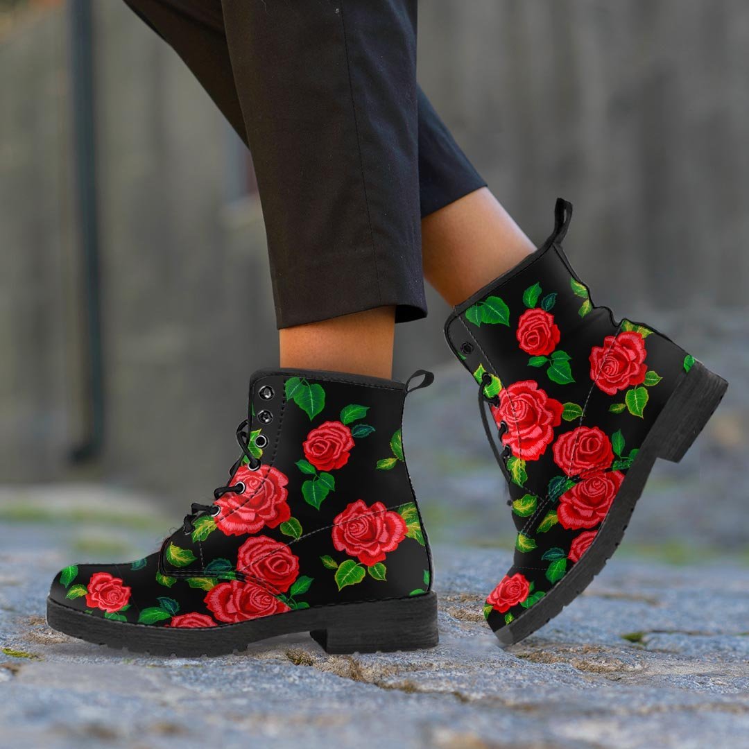 Embroidery Red Rose Floral Print Men's Boots-grizzshop