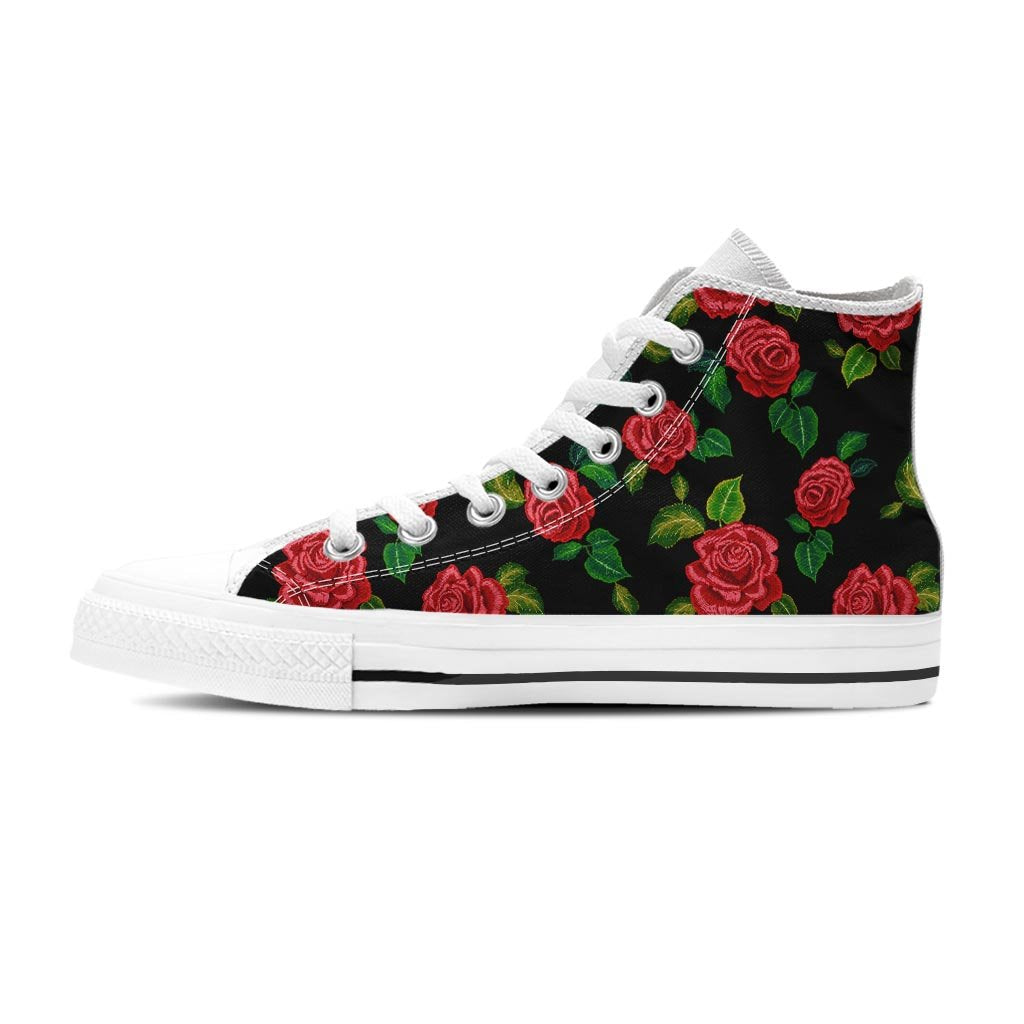 Embroidery Red Rose Floral Print Men's High Top Shoes-grizzshop