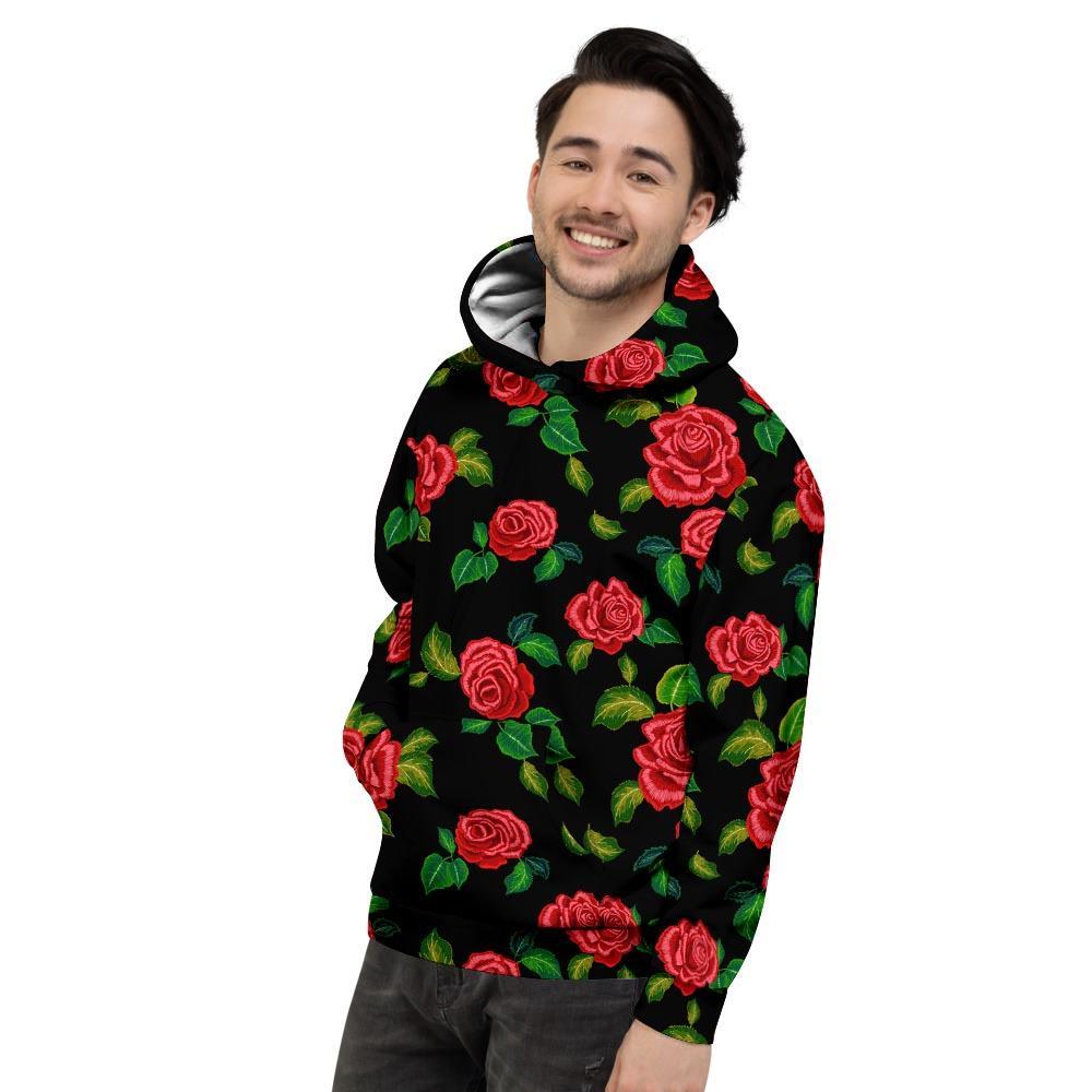 Embroidery Red Rose Floral Print Men's Hoodie-grizzshop