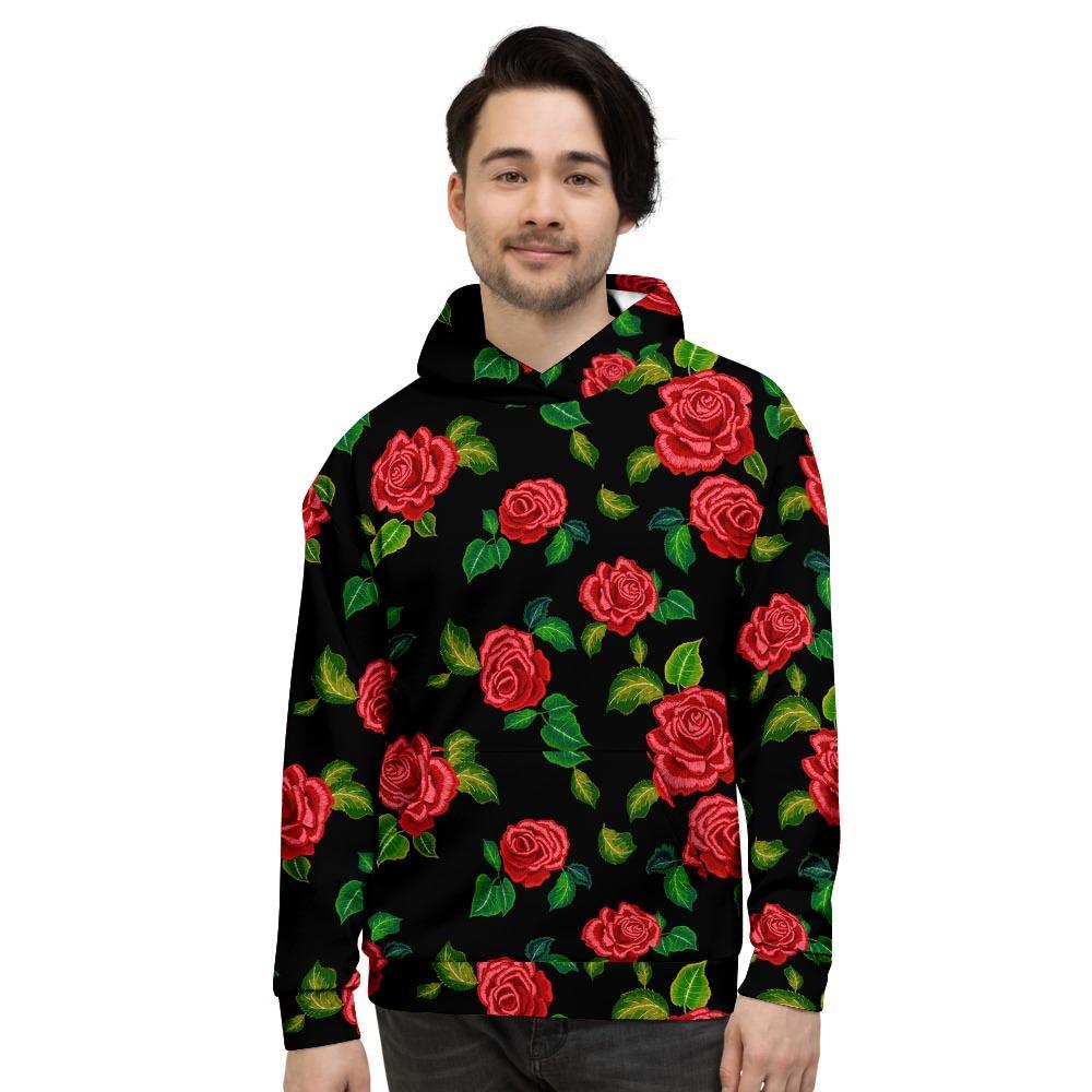 Embroidery Red Rose Floral Print Men's Hoodie-grizzshop