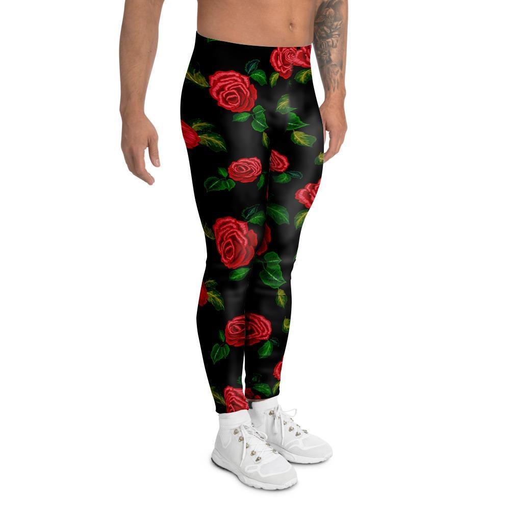 Embroidery Red Rose Floral Print Men's Leggings-grizzshop