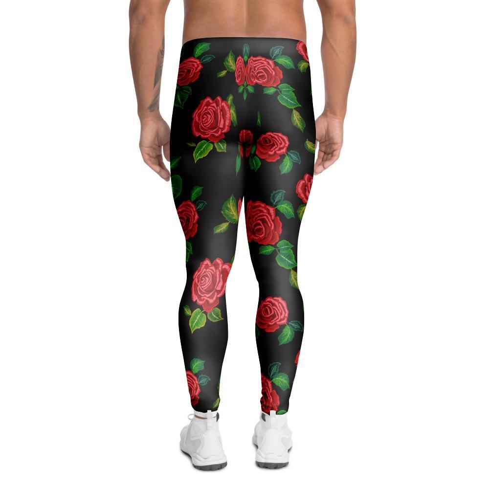 Embroidery Red Rose Floral Print Men's Leggings-grizzshop