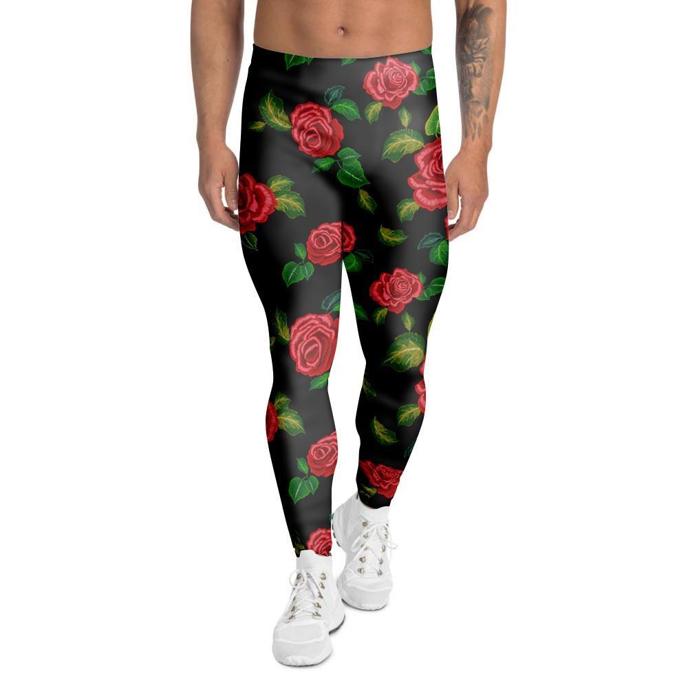 Embroidery Red Rose Floral Print Men's Leggings-grizzshop