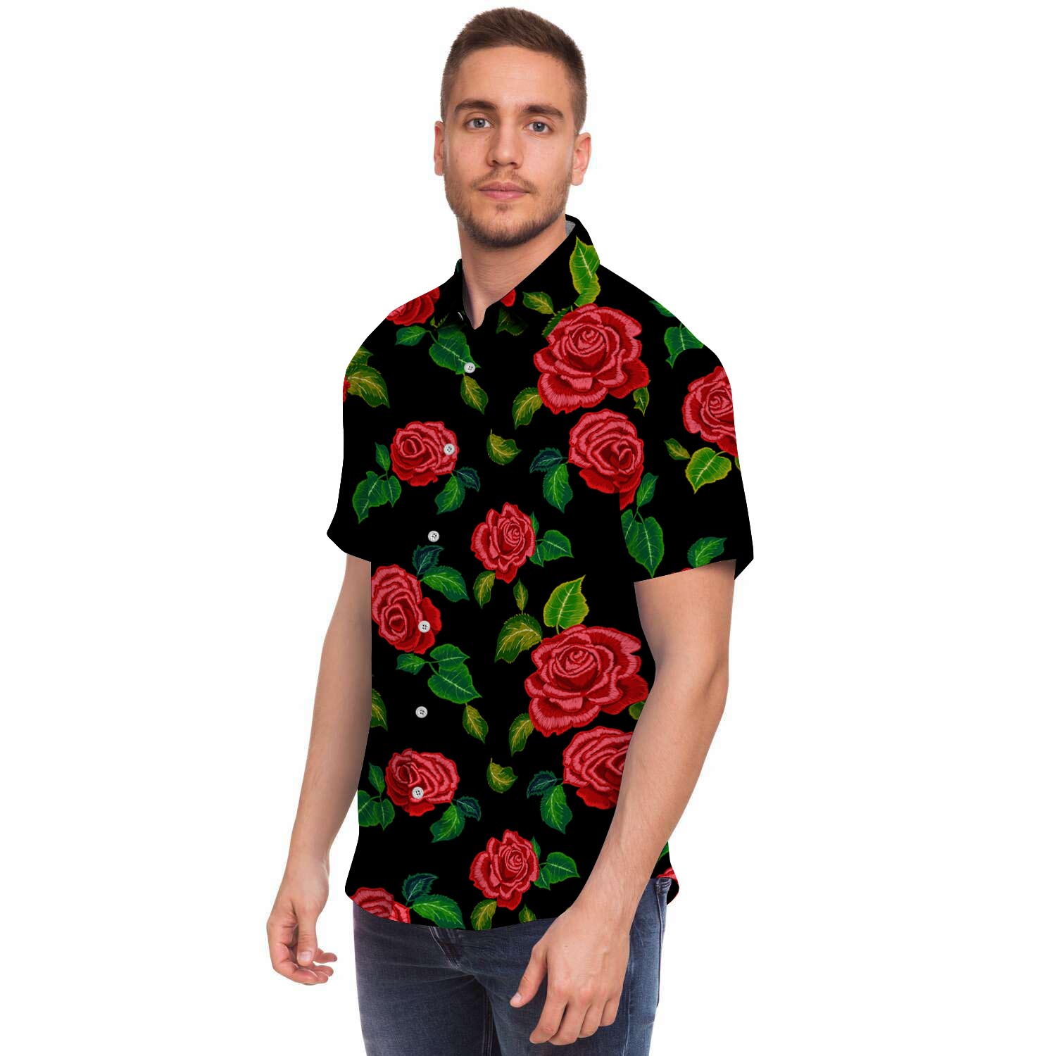 Embroidery Red Rose Floral Print Men's Short Sleeve Shirt-grizzshop